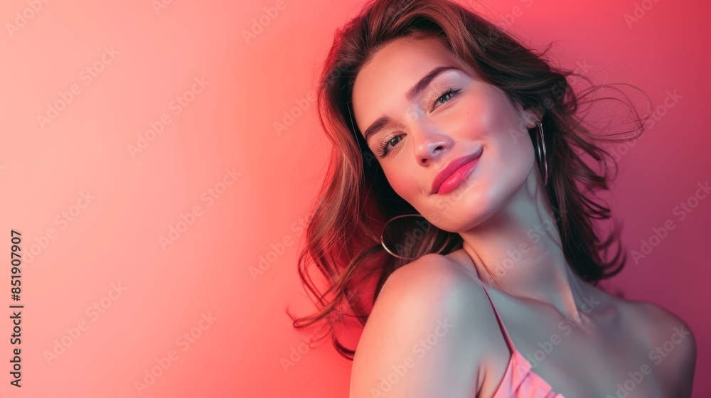 A woman with long, brown hair and a pink top poses against a pink wall A woman with long, brown hair and a pink top poses against a pink wall