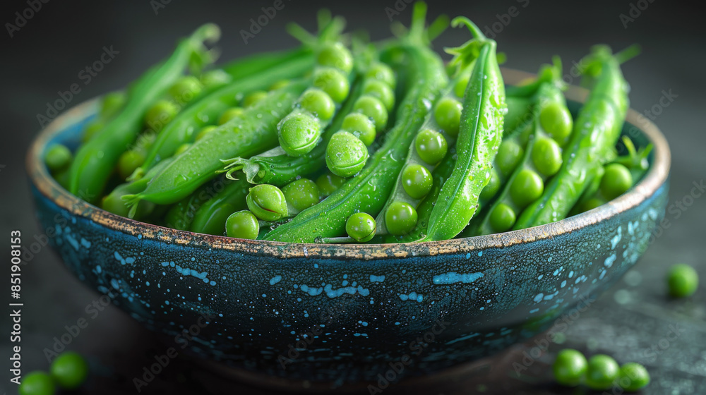 Bunch of ripe green pods with fresh peas placed in ceramic pot against black background Bunch of ripe green pods with fresh peas placed in ceramic pot against black background
