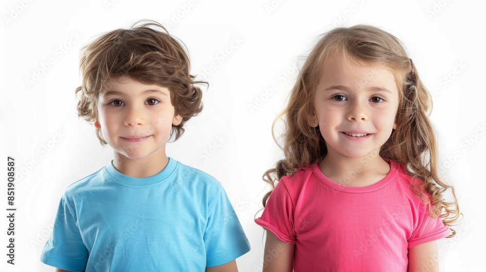 A young boy with brown curly hair, wearing a blue t-shirt, smiles at the camera. Standing next to him is a young girl with long brown hair, wearing a pink t-shirt, also smiling at the camera. A young boy with brown curly hair, wearing a blue t-shirt, smiles at the camera. Standing next to him is a young girl with long brown hair, wearing a pink t-shirt, also smiling at the camera.