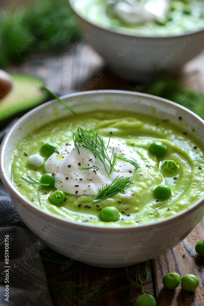 Chilled Avocado and Green Pea Soup with Greek Yogurt and Fresh Dill Garnish - Perfect Summer Recipe