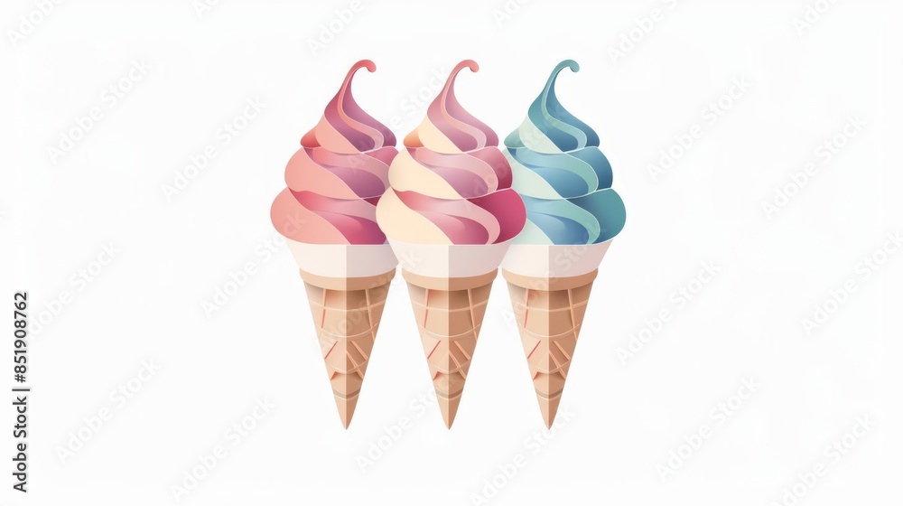 Chic paper art style graphic of a triplescoop icecream cone, using flat colors on a clean white background Chic paper art style graphic of a triplescoop icecream cone, using flat colors on a clean white background