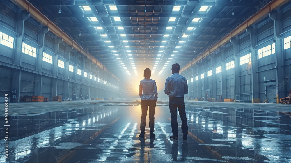 A construction manager meets with professionals in an empty warehouse to discuss the transformation into a chic urban office. Generative AI. A construction manager meets with professionals in an empty warehouse to discuss the transformation into a chic urban office. Generative AI.
