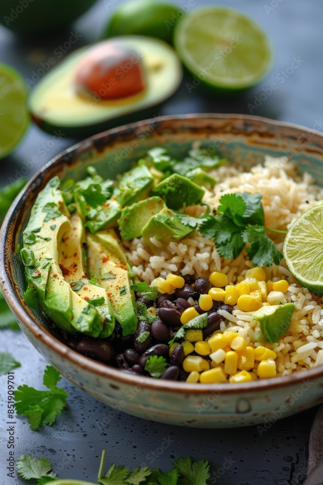 Creamy Avocado and Cilantro Lime Rice Bowl with Black Beans, Corn, and Fresh Garnishes for Veggie Lovers Creamy Avocado and Cilantro Lime Rice Bowl with Black Beans, Corn, and Fresh Garnishes for Veggie Lovers