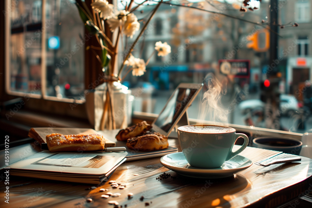 A white coffee cup with steam rising from it sits on a wooden table next to a laptop. Concept of relaxation and productivity A white coffee cup with steam rising from it sits on a wooden table next to a laptop. Concept of relaxation and productivity