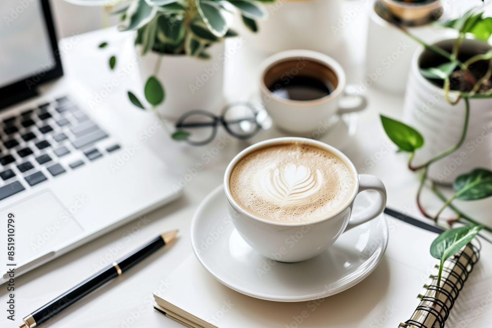 A white coffee cup sits on a table next to a laptop and a notebook. Concept of productivity and focus, as the person using the laptop is likely working or studying A white coffee cup sits on a table next to a laptop and a notebook. Concept of productivity and focus, as the person using the laptop is likely working or studying