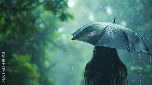 Person walks in lush forest during monsoon rain, seeking refuge under umbrella