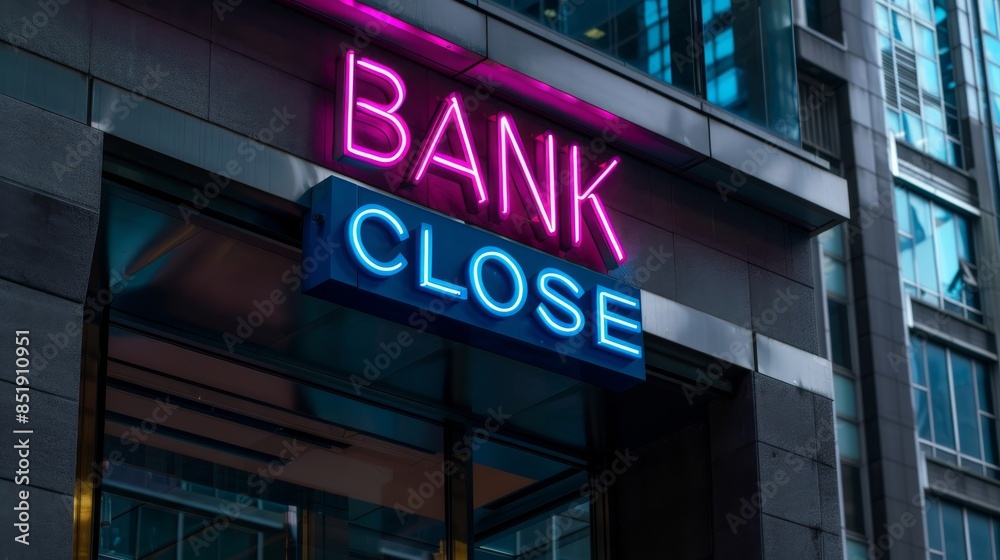Modern bank building with glass facade and neon Modern bank building with glass facade and neon