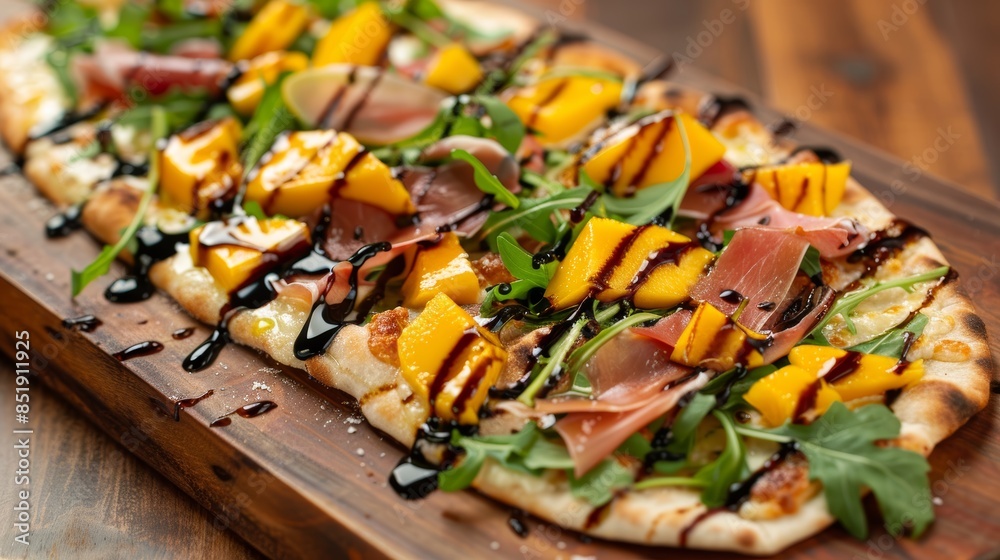 Gourmet Mango and Prosciutto Flatbread with Arugula and Balsamic Glaze - Perfect for Summer Gatherings