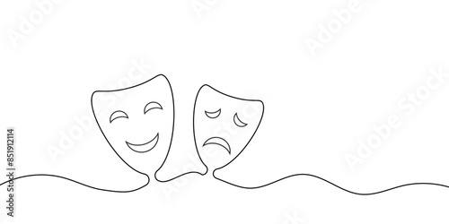 Comedy and tragedy theater mask drawing style editable line