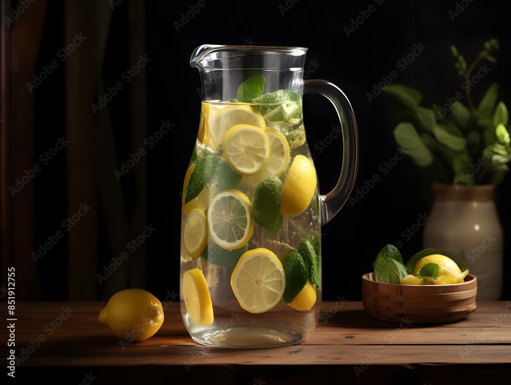 Fruit water in a glass pitcher flavored with lemon, lime, cucumber, and mint Fruit water in a glass pitcher flavored with lemon, lime, cucumber, and mint