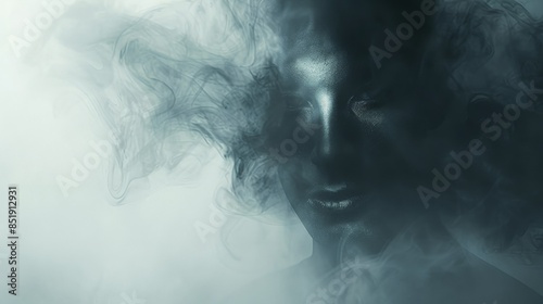 A shadowy figure emerges from swirling smoke, their face partially obscured