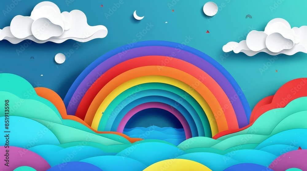 Dynamic paper art style rainbow, crafted in a simple graphic with flat colors, shadowfree for a crisp presentation Dynamic paper art style rainbow, crafted in a simple graphic with flat colors, shadowfree for a crisp presentation