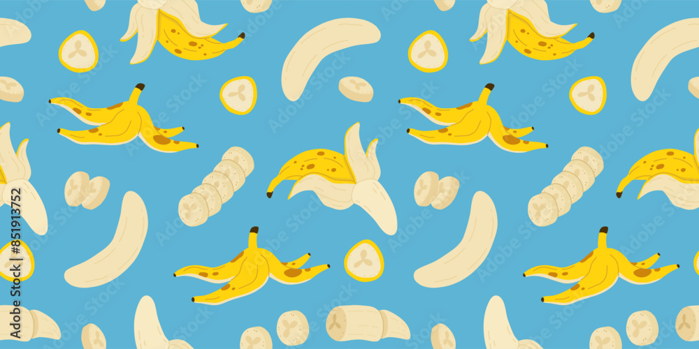 Banana seamless pattern. Trendy summer background. Vector illustration in hand drawn flat style. Vector print for fabric or wallpaper. Banana seamless pattern. Trendy summer background. Vector illustration in hand drawn flat style. Vector print for fabric or wallpaper.