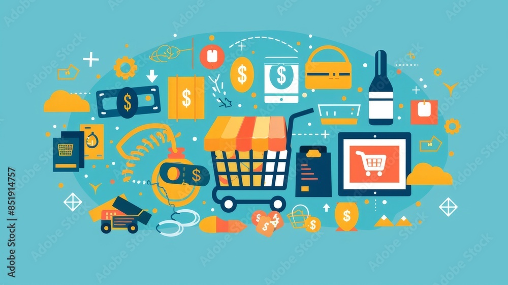 Money counting concepts with product icons showing interest, buying and selling of goods, paying for products ordered