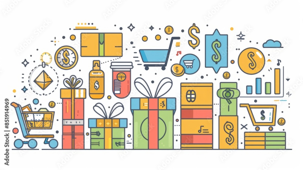 Money counting concepts with product icons showing interest, buying and selling of goods, paying for products ordered Money counting concepts with product icons showing interest, buying and selling of goods, paying for products ordered