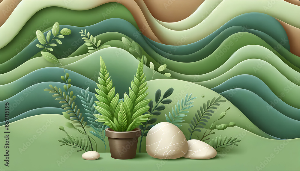 Naklejka premium Calm Nature Scene with Potted Plant and Rocks