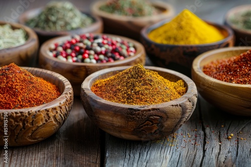 Assorted Spices on a Rustic Wooden Board