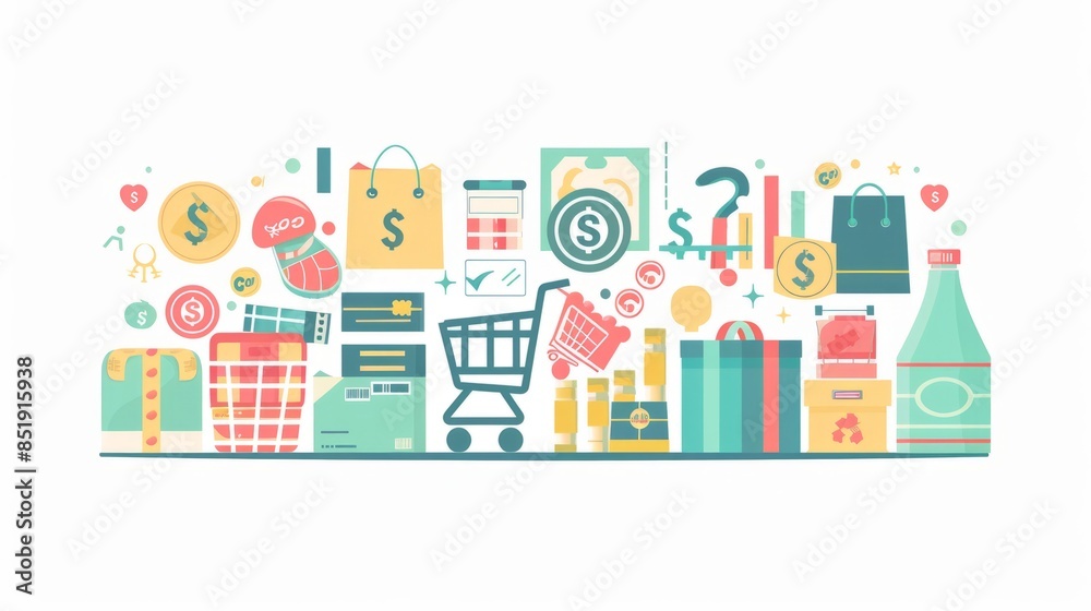 Money counting concepts with product icons showing interest, buying and selling of goods, paying for products ordered Money counting concepts with product icons showing interest, buying and selling of goods, paying for products ordered