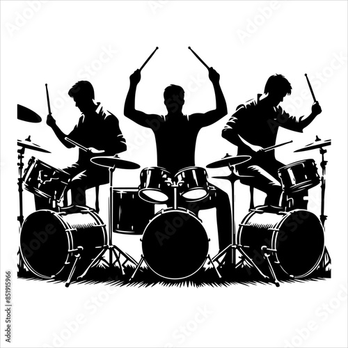 A drummer musician drumming drums in detailed silhouette. Drummer Silhouettes vector