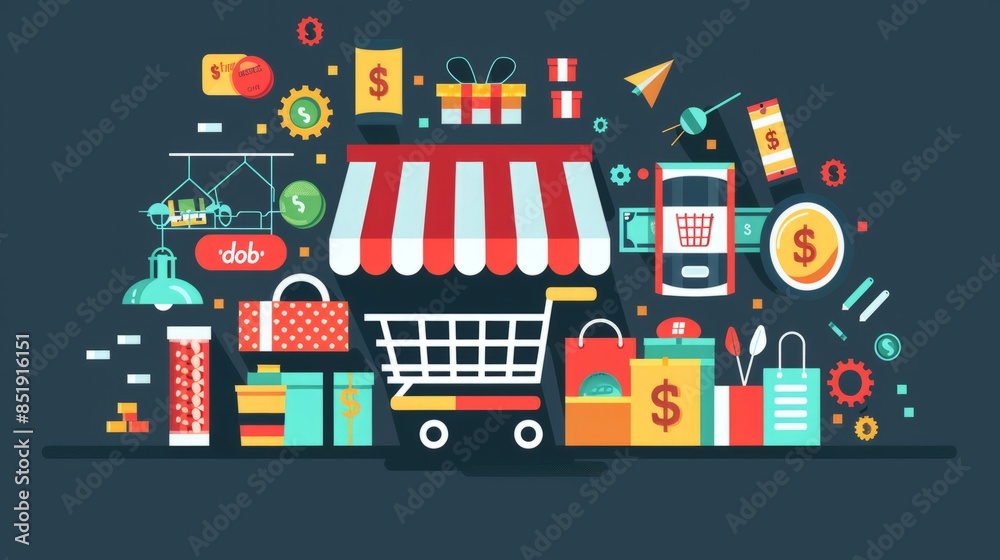 Naklejka premium Money counting concepts with product icons showing interest, buying and selling of goods, paying for products ordered