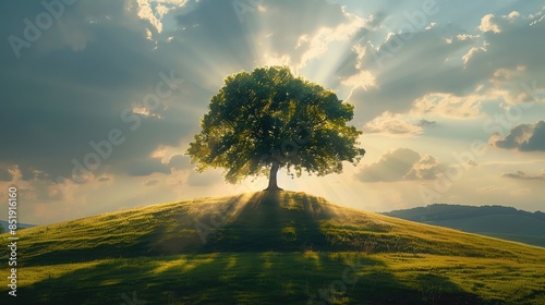 High-detail photograph of a solitary tree on a hill under a sky filled with miraculous light rays