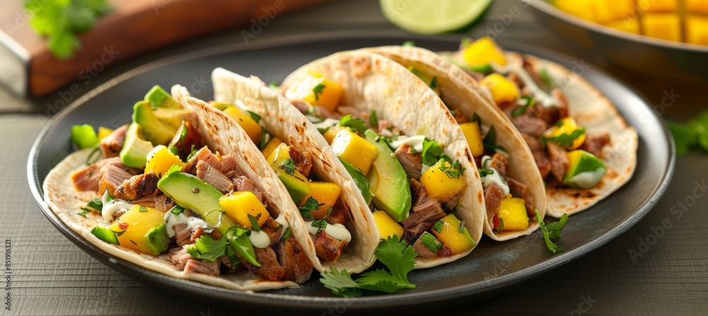 Delicious Mango and Pork Tacos with Avocado and Lime Crema, Perfect for Summer Gatherings Delicious Mango and Pork Tacos with Avocado and Lime Crema, Perfect for Summer Gatherings