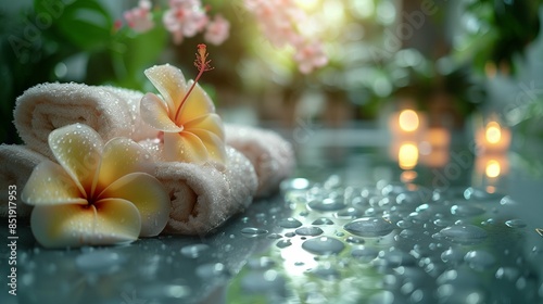 Close-Up of Beige Towels with Apricot Blossoms in Spa Setting, Featuring Candles, Flowers, and White Textured Glass Surface for Beauty Treatment Concept Banner