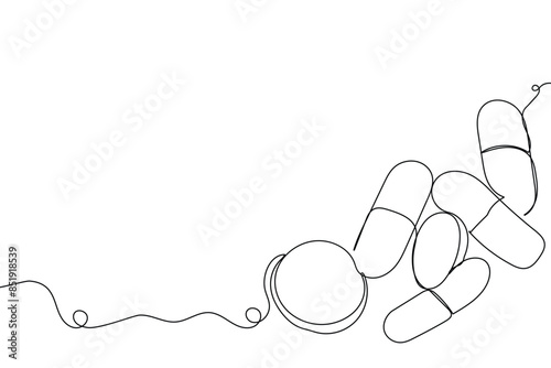 Sketch outline concept minimal  in drawing medicine pill vitamin continuous line art. Medicine drug tablet doctor tool hand drawn with white ioslated background. Abstract,vector,illustration.