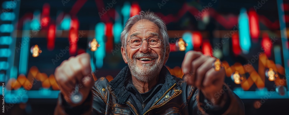Fototapeta premium An elderly man beams with happiness in a jacket against a backdrop of blurred lights and stock graphs
