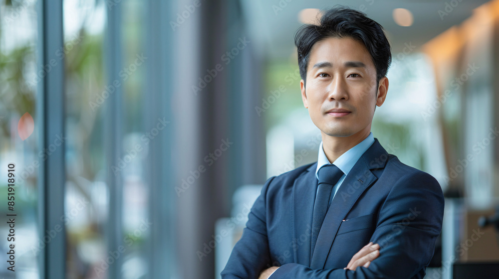 Confident Asian Businessman in Modern Office Setting with Copy Space and Natural Light