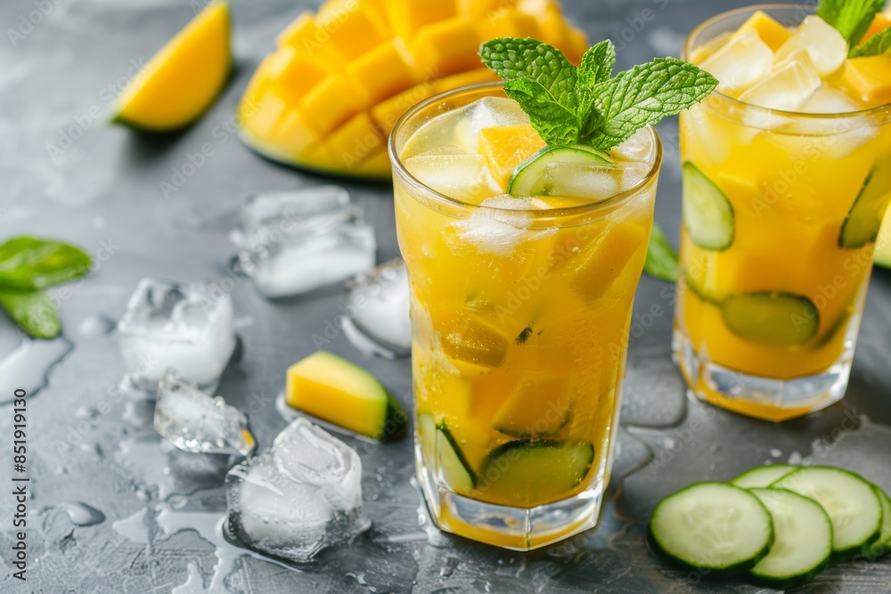Refreshing Mango and Cucumber Agua Fresca with Ice Cubes and Mint Leaves for a Hot Summer Day Refreshing Mango and Cucumber Agua Fresca with Ice Cubes and Mint Leaves for a Hot Summer Day