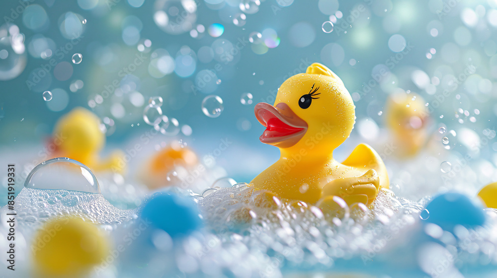 Cheerful Bath Time Fun: Colorful Rubber Ducky and Toys Amidst Bubbles in a Vibrant Kid's Bathtub Scene for Creative Designs Cheerful Bath Time Fun: Colorful Rubber Ducky and Toys Amidst Bubbles in a Vibrant Kid's Bathtub Scene for Creative Designs