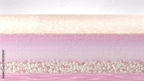 Skin dry dead cells exfoliation. Dry, rough, bumpy skin outer layer peeling away from the body surface. The human skin tissues cross-section in macro zoom. Skin care 3D animation