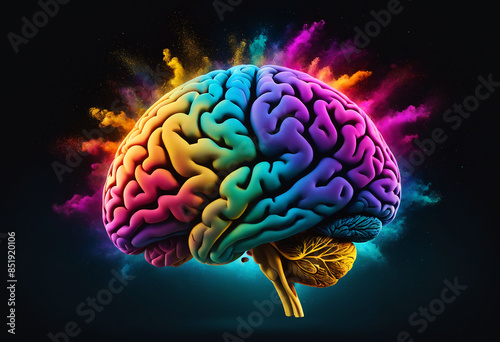 A colorful human brain with exploding color dust against a dark background. Brilliant ideas concept