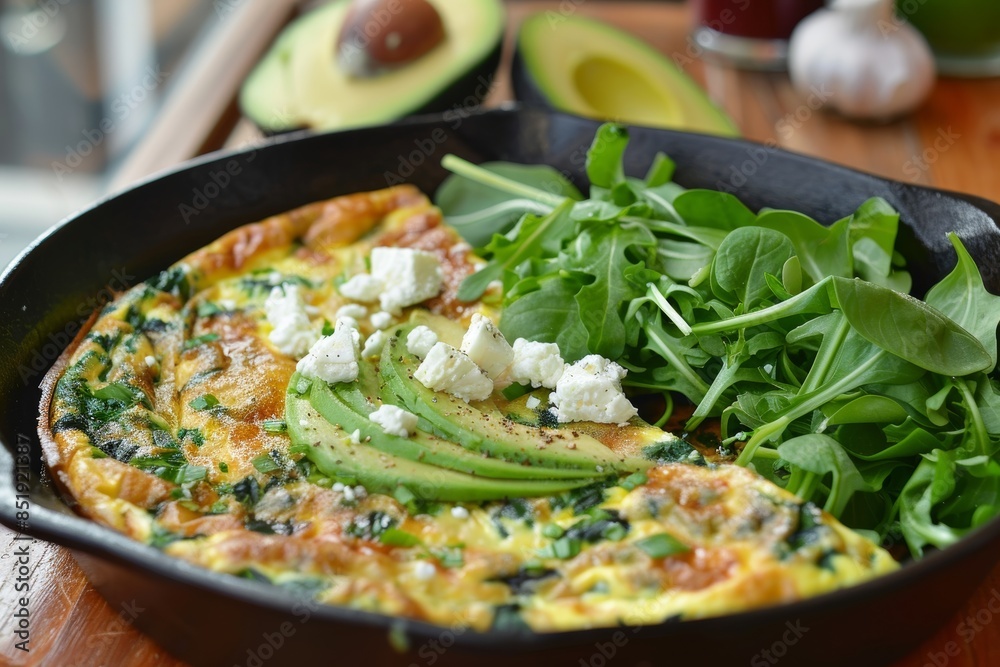 Delicious Avocado and Spinach Frittata with Feta Cheese in Cast Iron Skillet for Brunch and Health Delicious Avocado and Spinach Frittata with Feta Cheese in Cast Iron Skillet for Brunch and Health