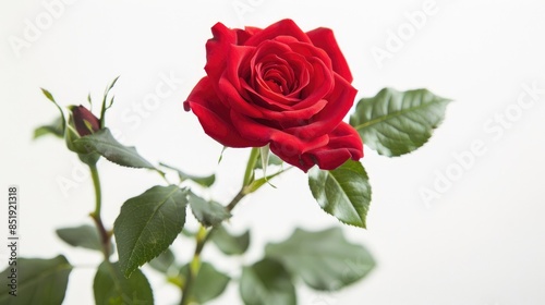 A vibrant red rose with lush green leaves stands out against a pure white background © AkuAku