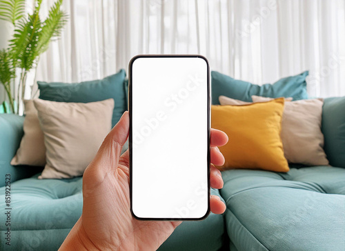 Cell phone mockup with a blank, white screen. Hands clasped, man uses phone while lounging on couch at home. background void for a commercial