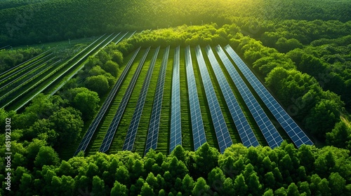 Aerial view of solar panels in a lush green forest during sunrise, showcasing sustainable energy and renewable power generation.