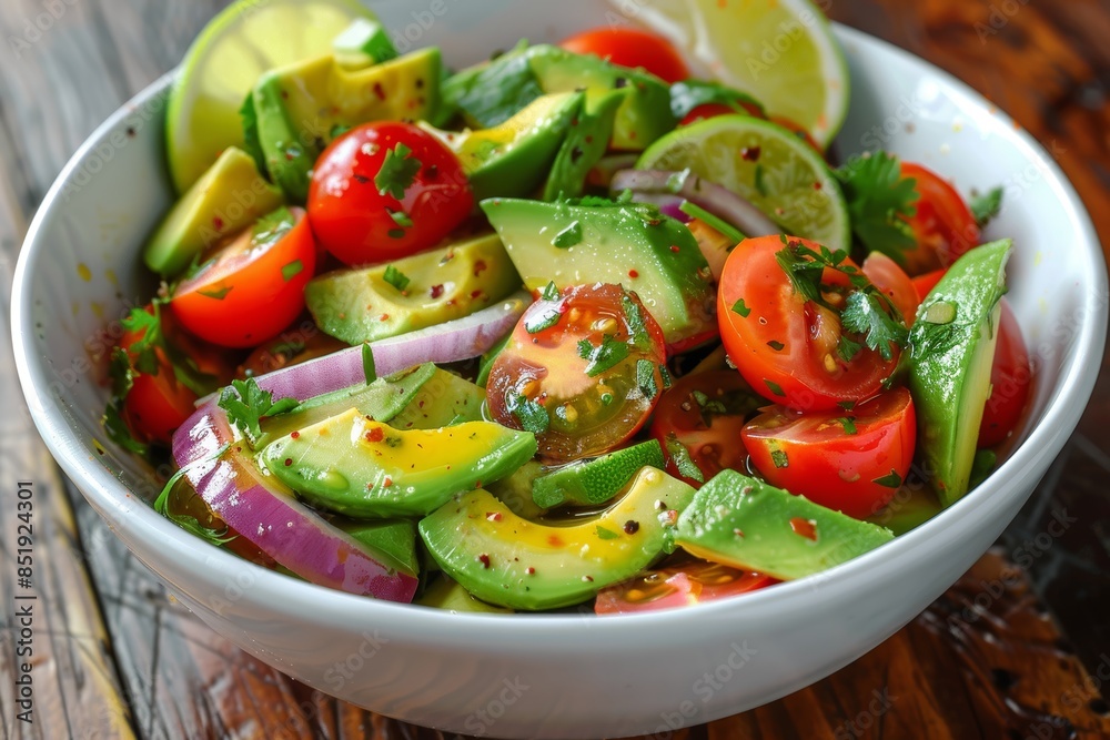Vibrant Avocado Salad with Cherry Tomatoes, Red Onions, and Fresh Herbs in White Bowl Vibrant Avocado Salad with Cherry Tomatoes, Red Onions, and Fresh Herbs in White Bowl