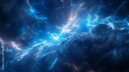 A striking background of electric blue pulses and sparks against a dark, stormy sky photo