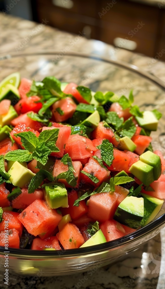 Refreshing Avocado and Watermelon Salad with Mint and Lime Vinaigrette in a Glass Bowl Refreshing Avocado and Watermelon Salad with Mint and Lime Vinaigrette in a Glass Bowl