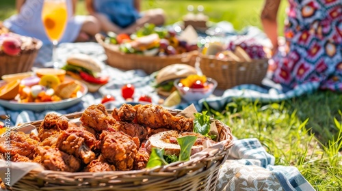 Family Picnic with Fried Chicken, Sandwiches, and Fresh Fruit on a Sunny Day