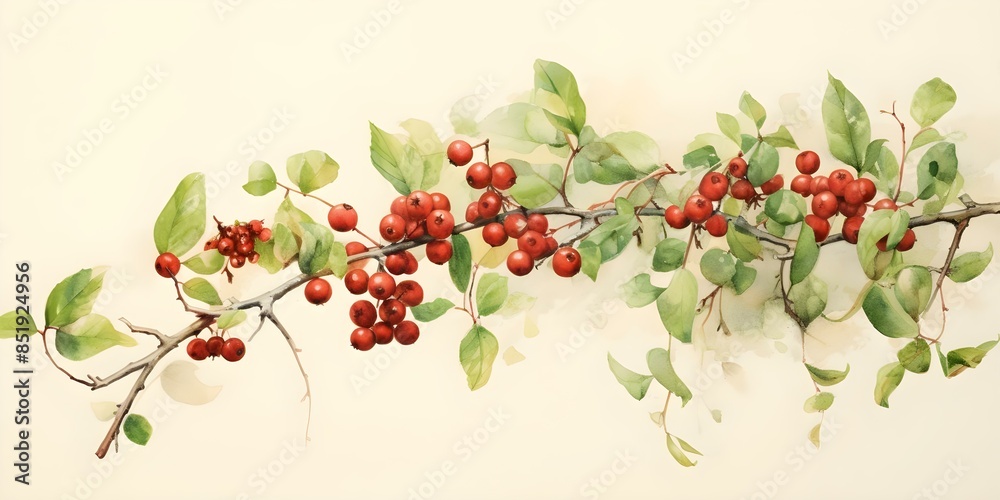Fototapeta premium Architectural Style Watercolor Painting of Mistletoe Plants and Berries. Concept Architectural Style, Watercolor Painting, Mistletoe Plants, Berries