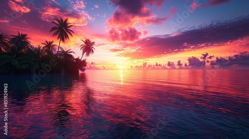 A stunning background of a tropical sunset with vivid oranges, pinks, and purples over calm waters