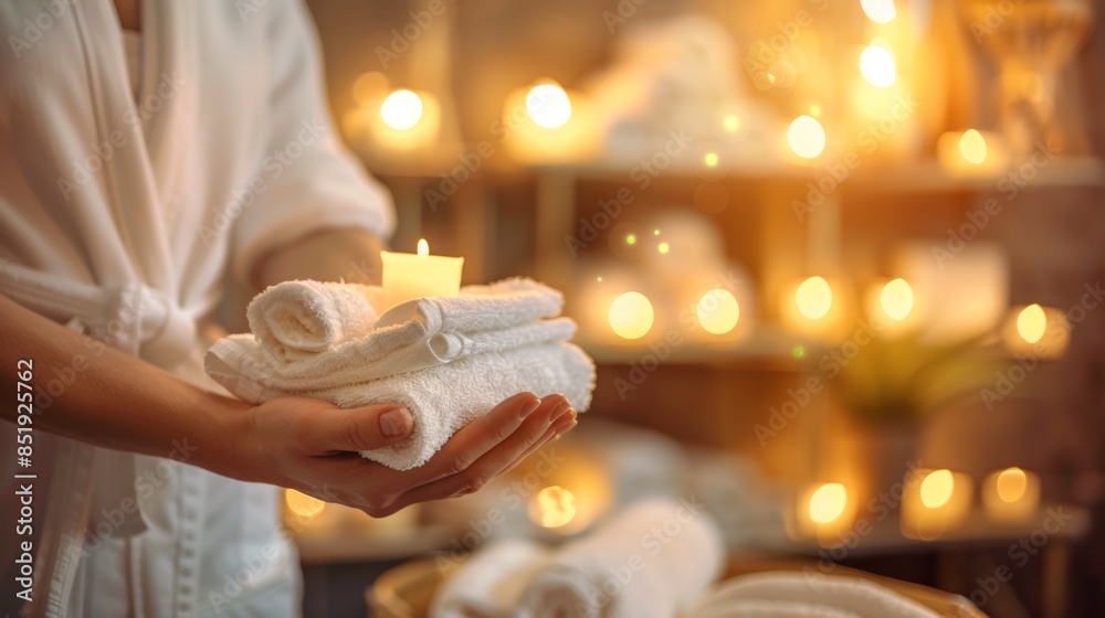 Obraz premium Soothing Spa Atmosphere with Soft Candlelight and Rolled Towels for Relaxation and Wellness