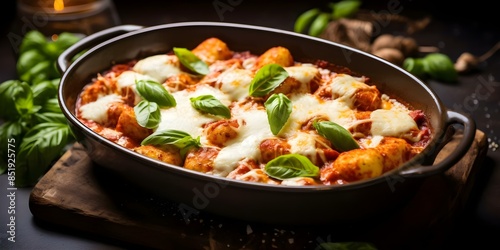 Italian Baked Gnocchi with Marinara, Mozzarella, and Basil. Concept Italian recipe, Baked Gnocchi, Marinara Sauce, Mozzarella Cheese, Fresh Basil