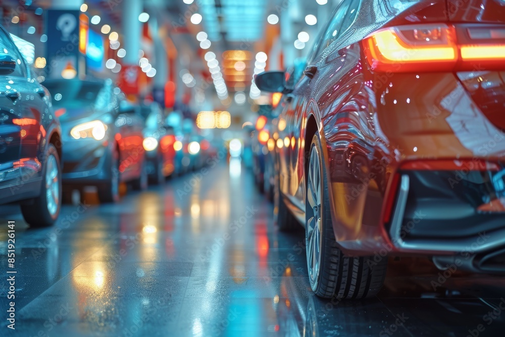 Rear View of New Car on Showroom Floor With Other Cars in Background Rear View of New Car on Showroom Floor With Other Cars in Background