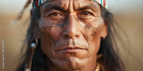 Portrait of Apache shaman during Columbus's arrival in America. Concept Indigenous culture, History of America, Tribal customs, Shamanic practices, Cultural preservation photo