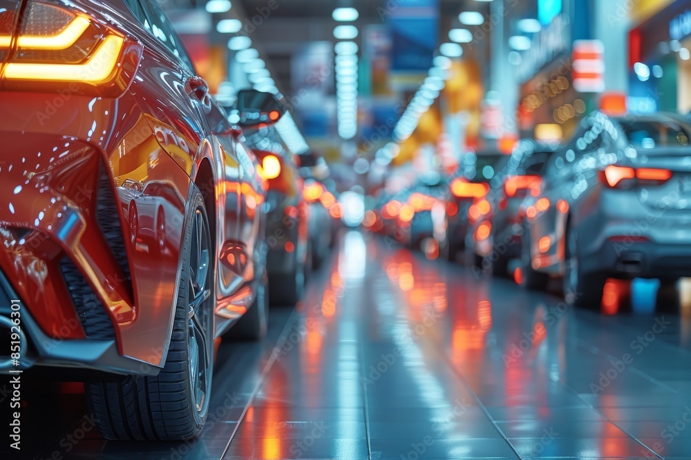 Rear View of New Car on Showroom Floor With Other Cars in Background Rear View of New Car on Showroom Floor With Other Cars in Background