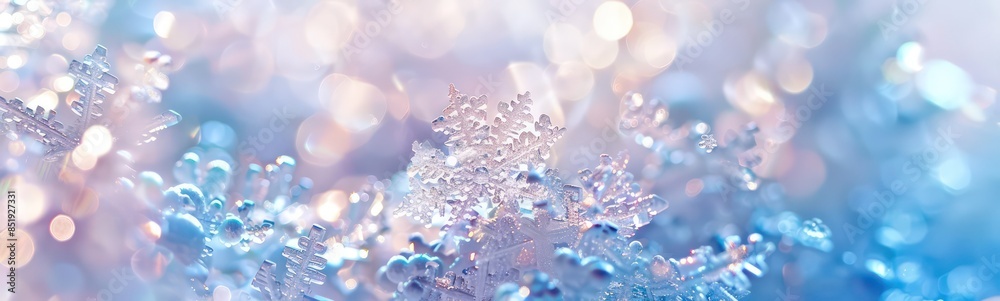 Sparkling crystal winter background. Detailed ice crystals, snowflakes and water drops for Christmas in bright pastel colors. Snowy landscape close up Sparkling crystal winter background. Detailed ice crystals, snowflakes and water drops for Christmas in bright pastel colors. Snowy landscape close up